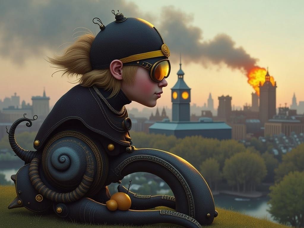 Mecha Pilot on Knight Robot Over Burning London Skyline