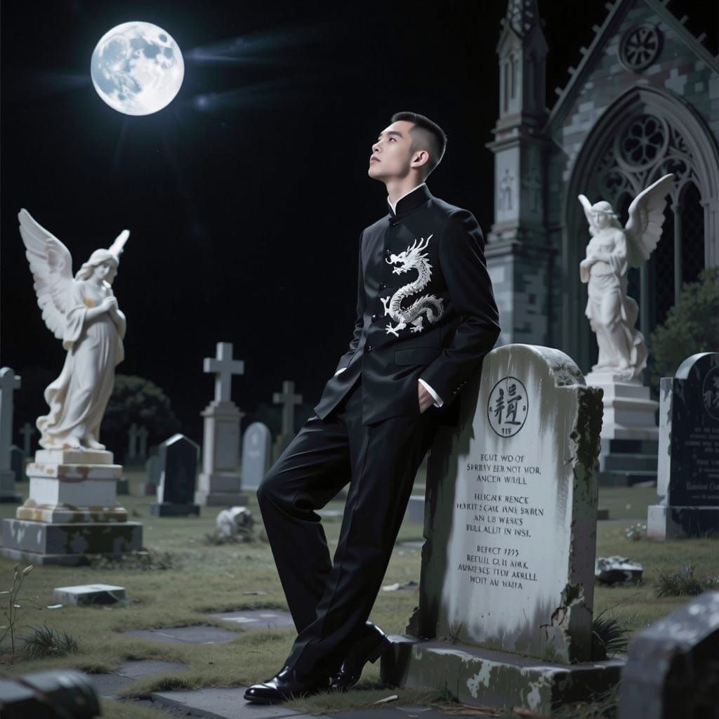 Chinese Man in Graveyard, Pre-Raphaelite Style