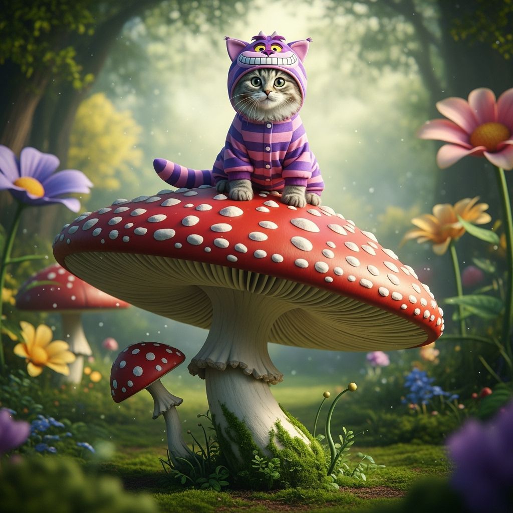 Kitten in Cheshire Cat Costume on Mushroom