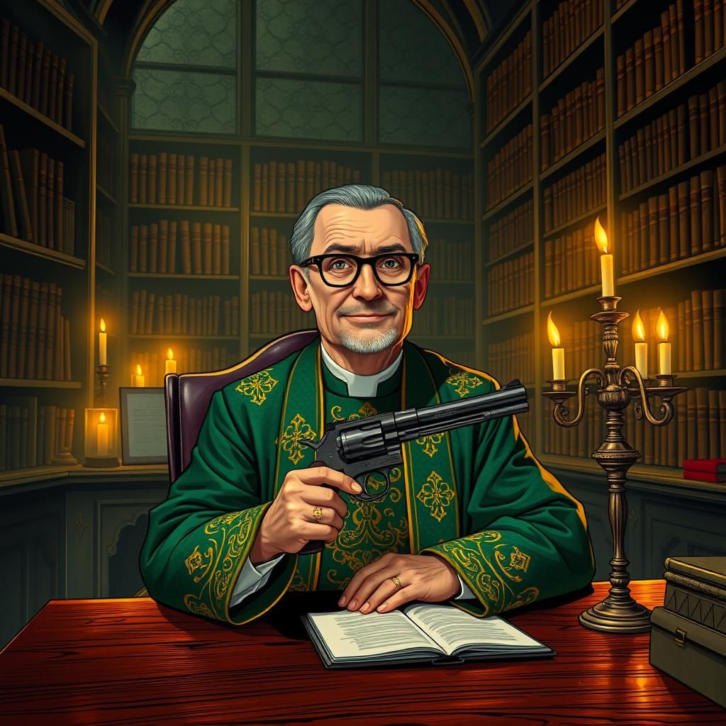 Reverend Green's Contemplation in a Whimsical Library