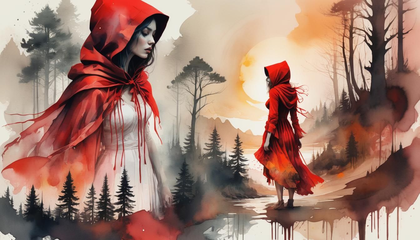 Spiriling Double exposure red riding hood Digital watercolor Illustration of a summerscape sunset