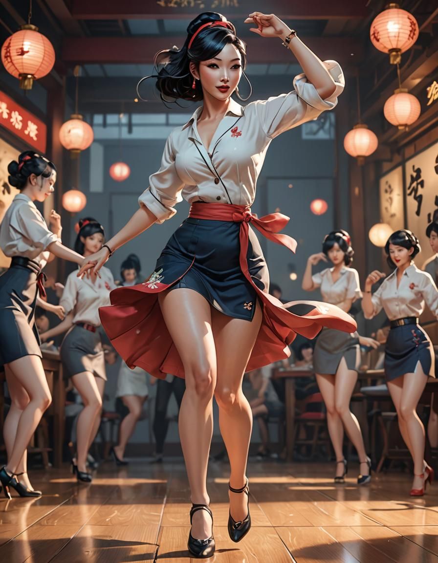 Anime Style Asian Pin-Up Girl Dancing