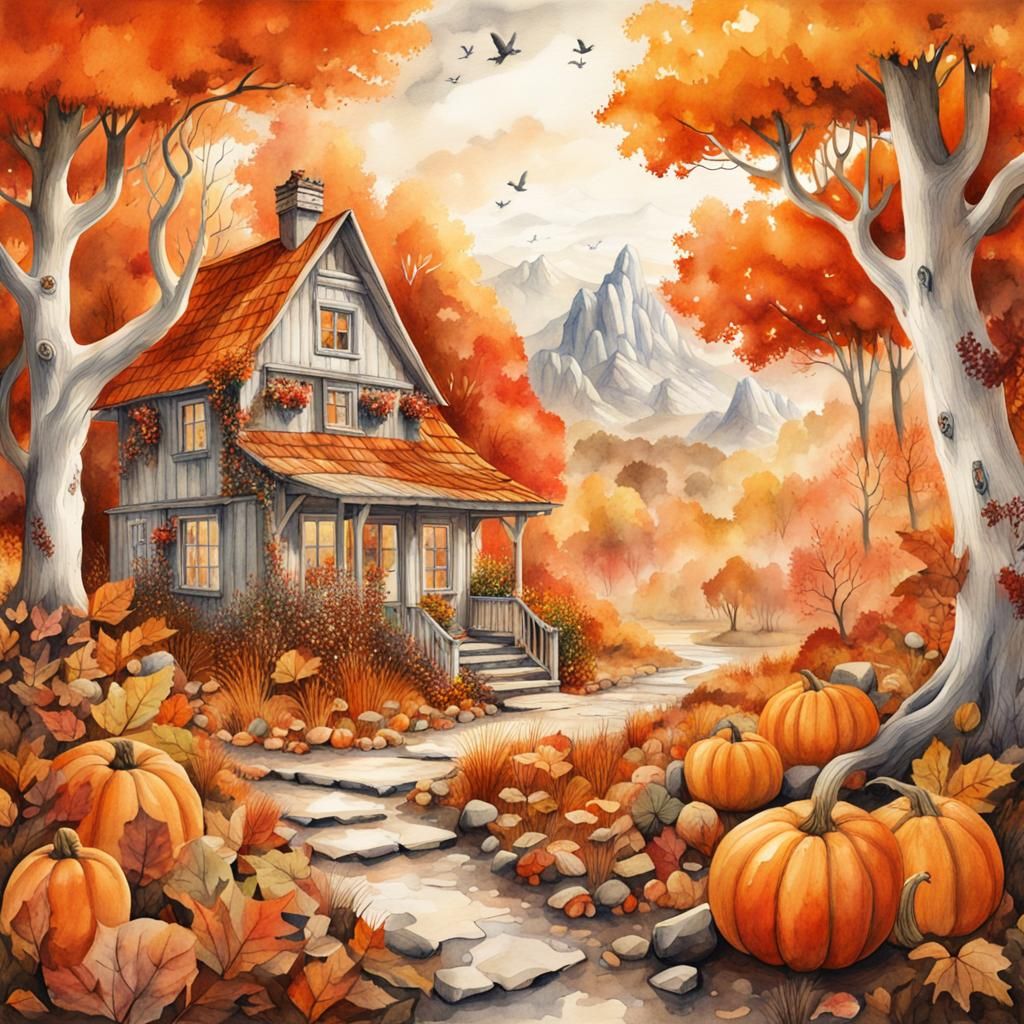 Vivid Watercolor Autumn Wilderness Illustration