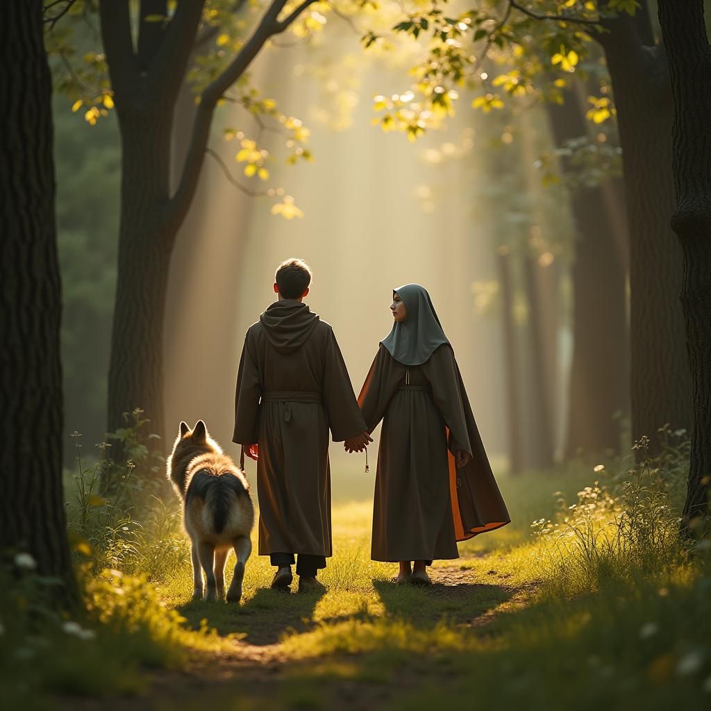 Saints Francis and Clare in Forest with Wolf
