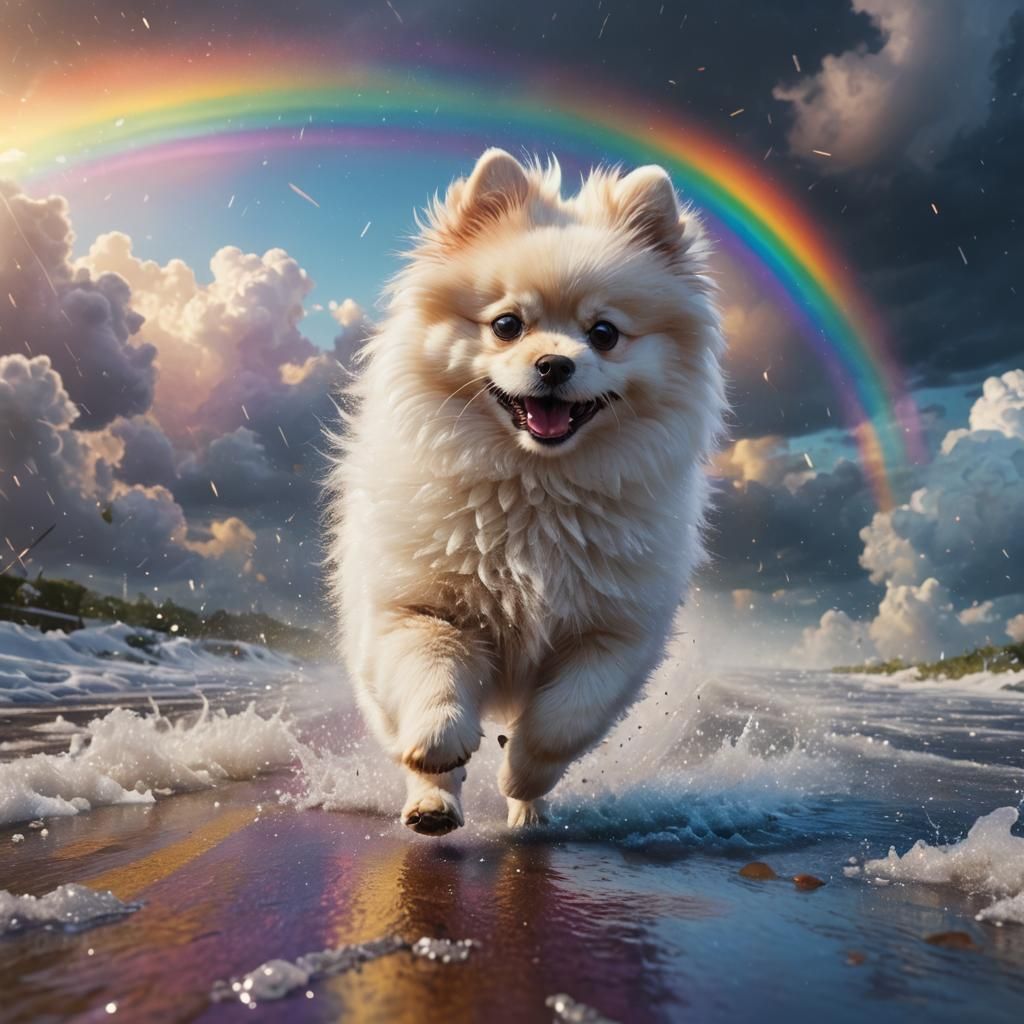 Pomeranian Runs on Rainbow After Storm: Fantasy Art