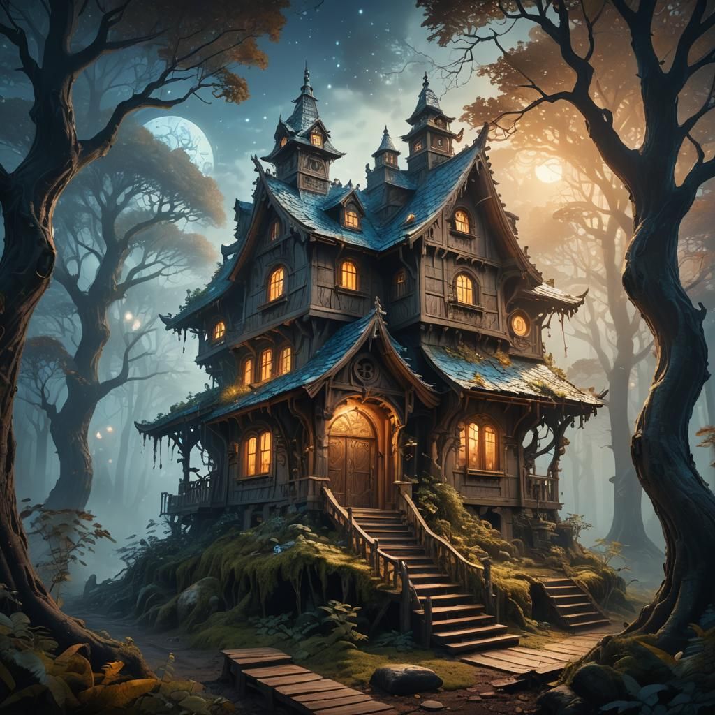 Magical House Walking Through Misty Forest