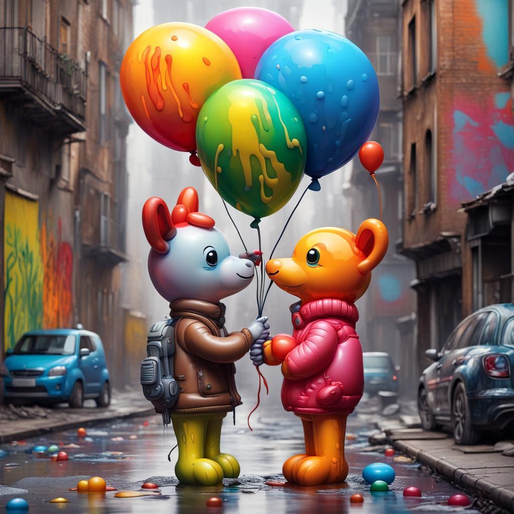 Balloon Animals Enjoy Candlelight Dinner in Graffiti Art Sty...