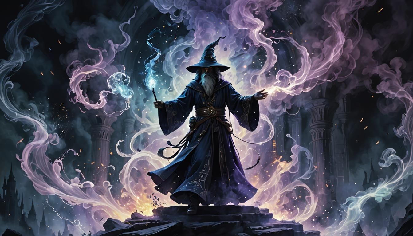 Wizard Casting Spell in Double Exposure Digital Painting