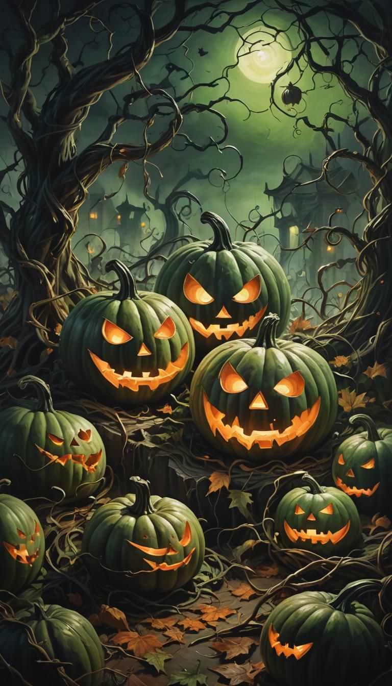 Eerie Halloween Pumpkins Glowing Green in Oil Painting Style