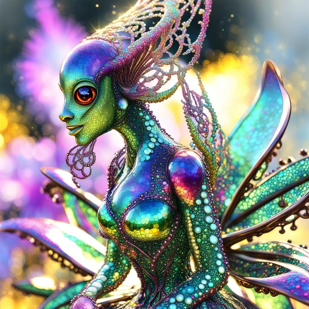 Glass Alien Statue in Japanese Garden, 3D Art