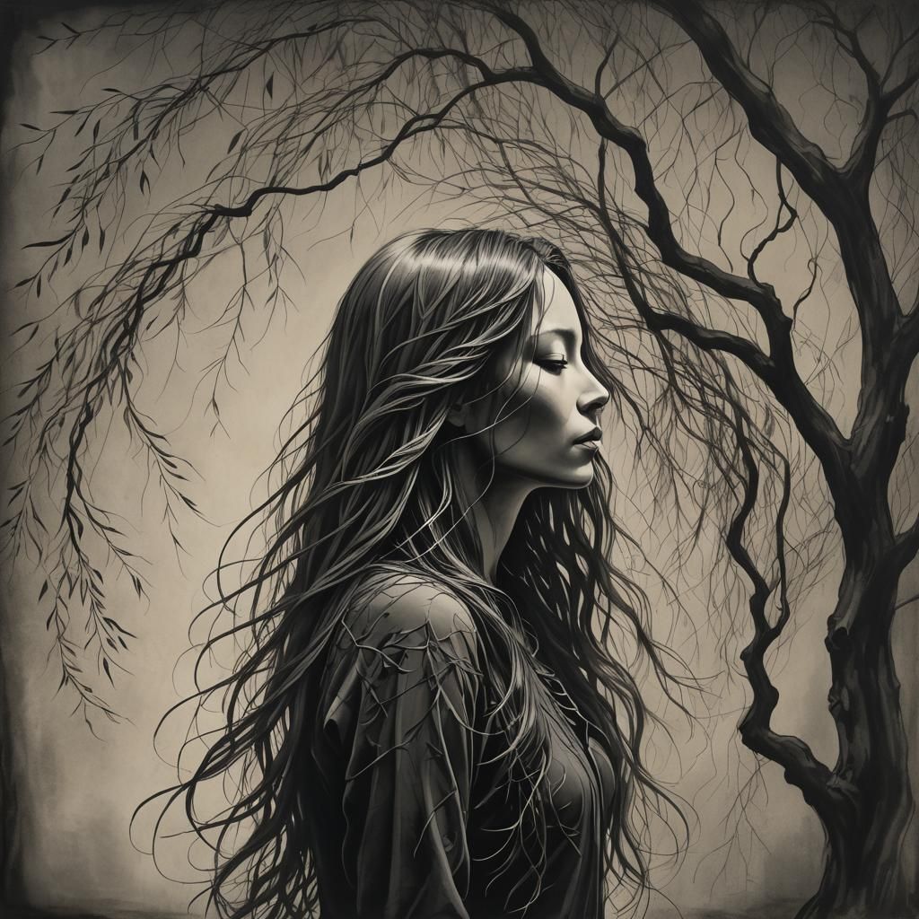 Willow Tree Silhouette in Charcoal Art