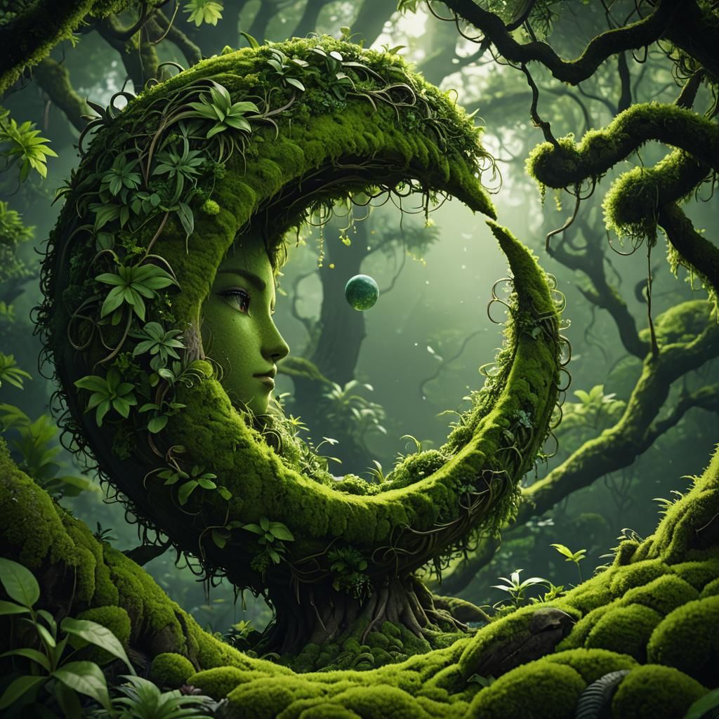 Green Moss Crescent Moon: 3D Anime Art