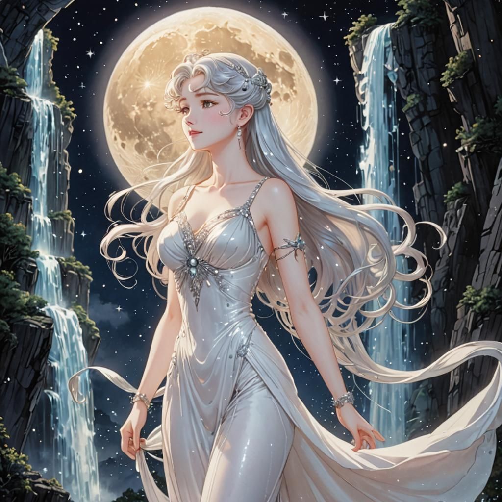 Ethereal Queen Serenity on Moon with Sparkling Stars
