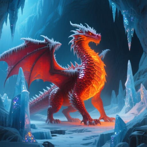 Fire Dragon in Ice Cave: Atmospheric Digital Art