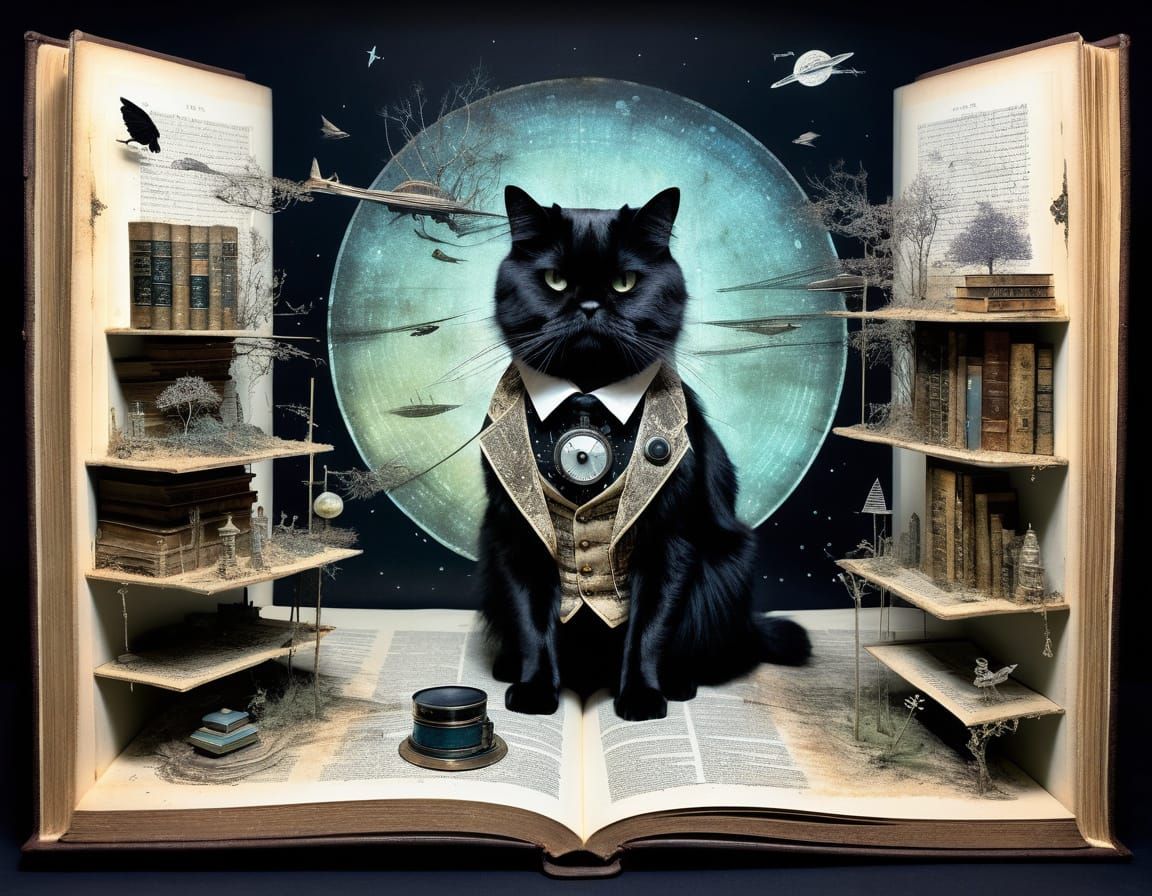 Persian Cat Reading in Spaceship Nook, Vintage Sci-Fi Style