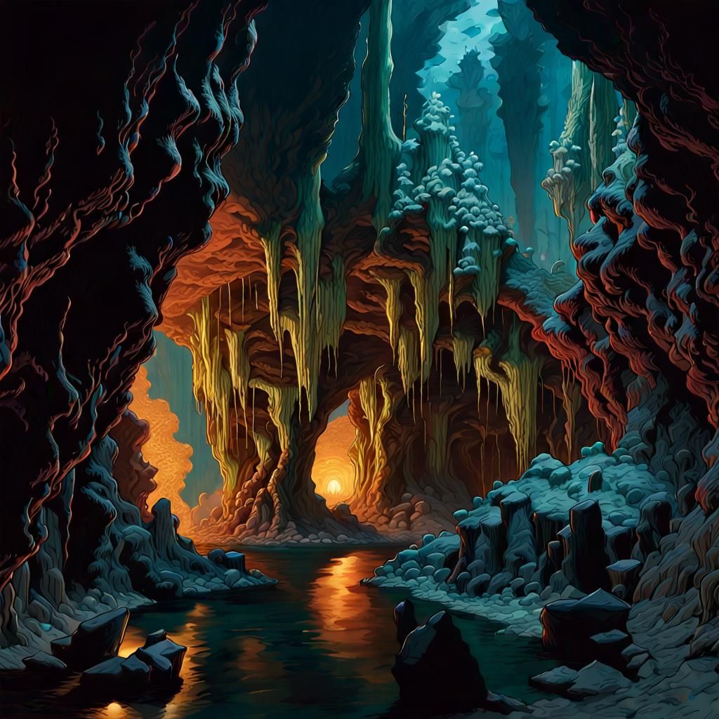 Luminous Crystal Cave with Strange Monsters