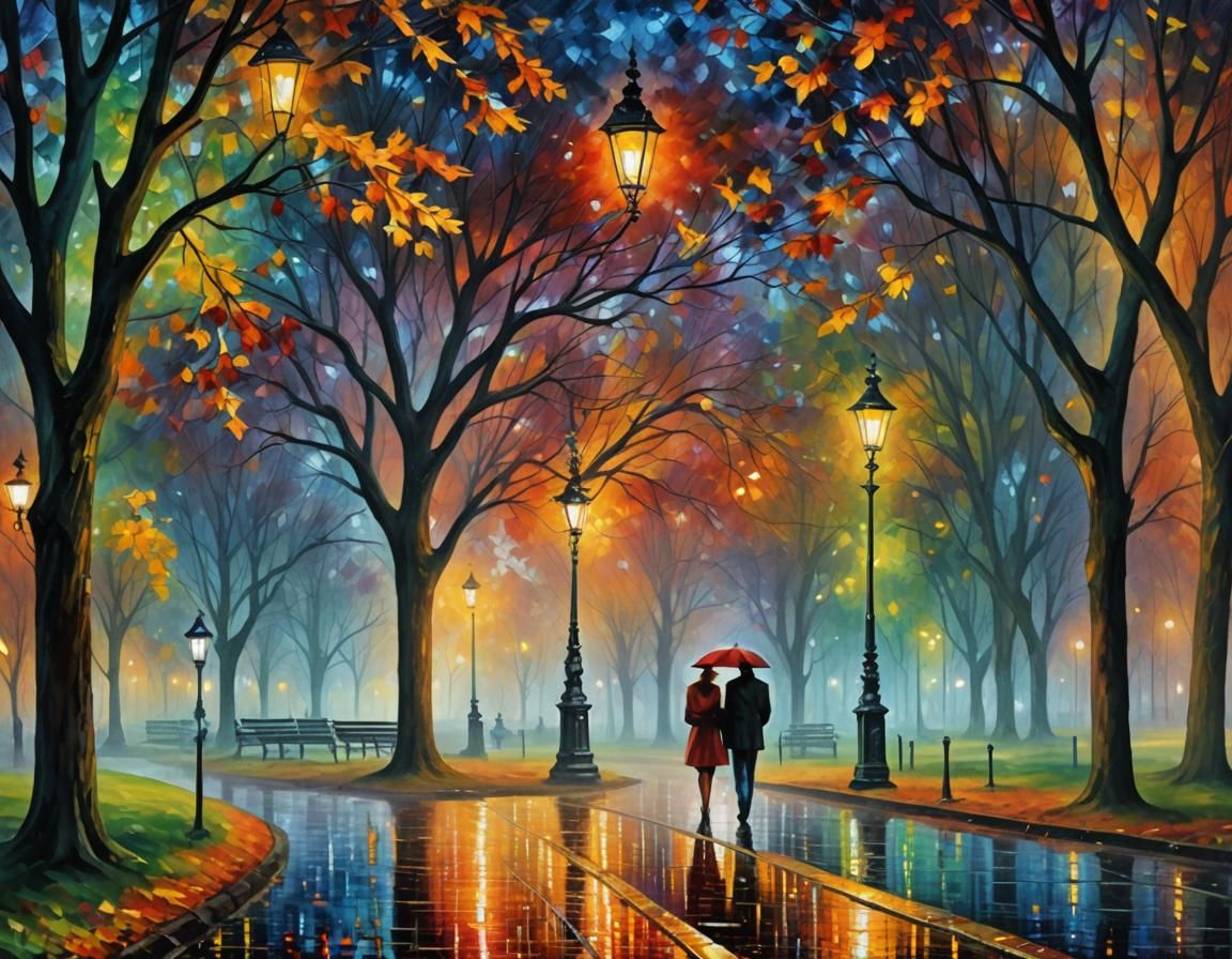 Lovers in Lamp-Lit Park: Pointillist Dreamscape