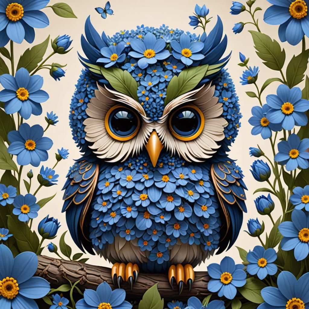 Whimsical Blue Floral Owl