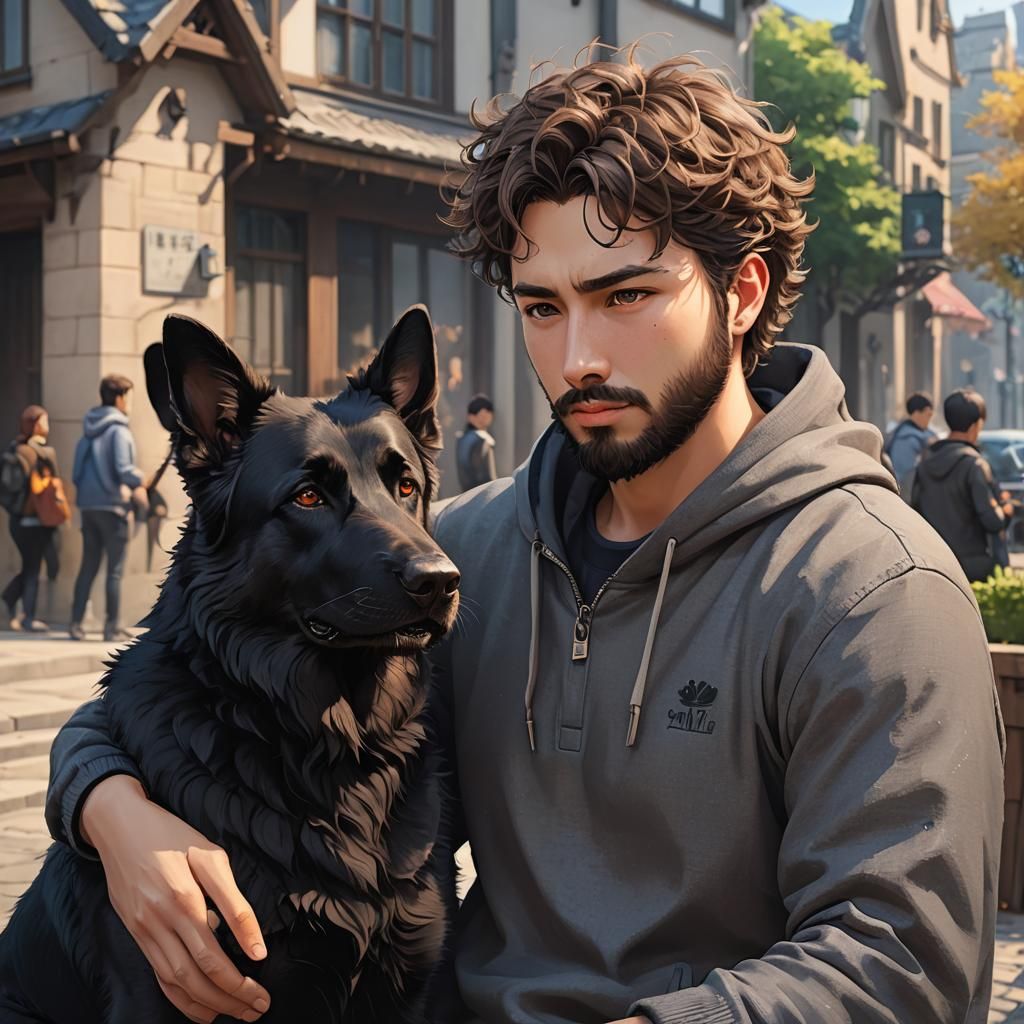 Man with Dog in Anime-Inspired 3D Art