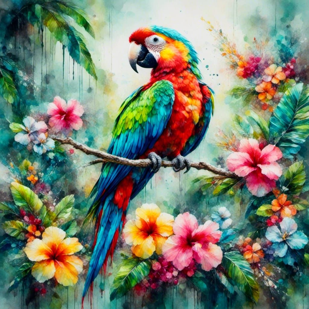 Colorful Parrot in Tropical Forest Painting