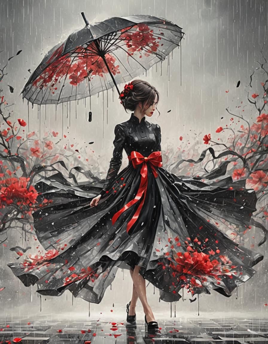 Woman in Black Dress with Red Flowers, Digital Art