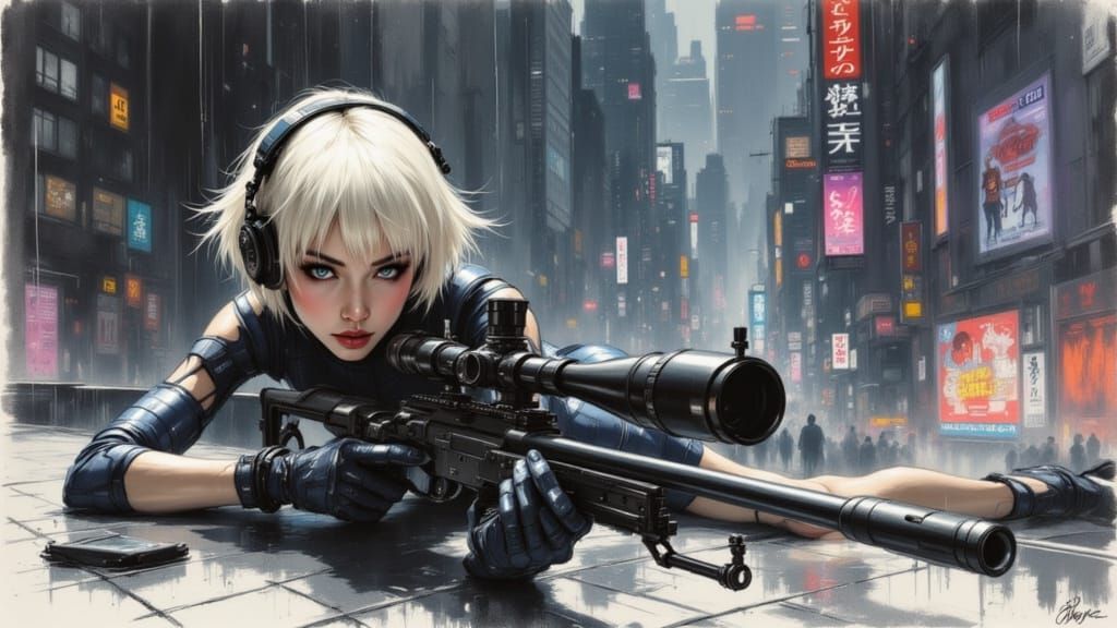 Cyberpunk Sniper Girl on Rooftop in Anime Realism