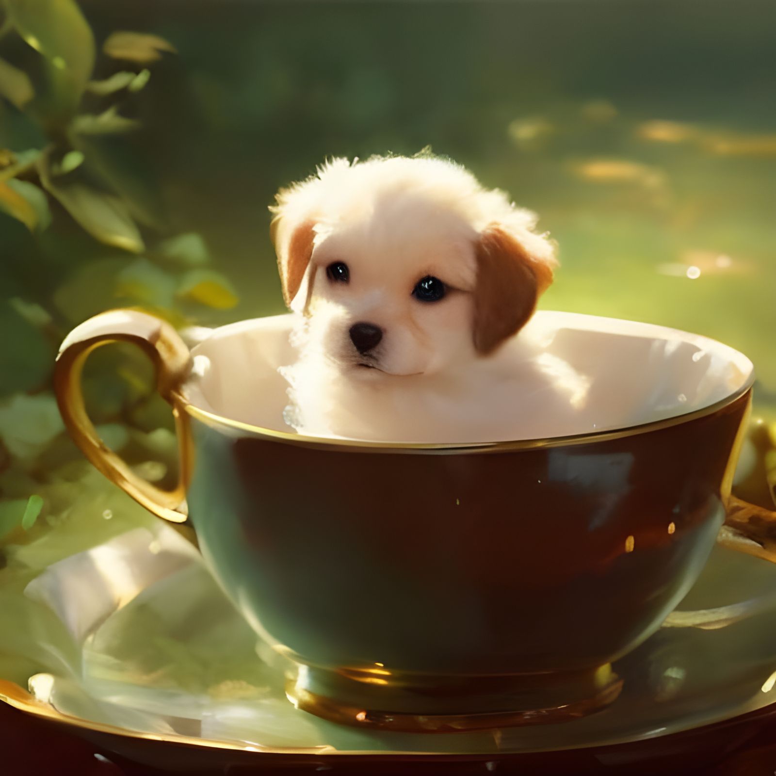 Puppy in Teacup: Oil Painting Style