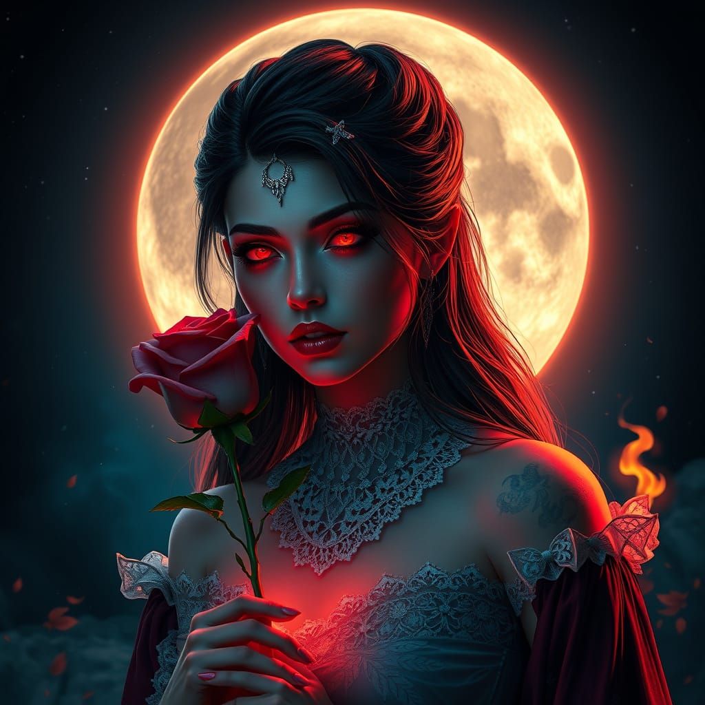 Vampire with Glowing Rose in Ethereal Moonlight