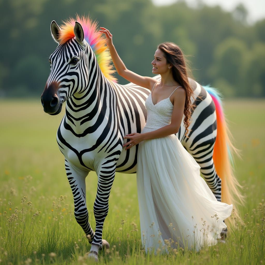 Woman and Rainbow Zebra Unicorn in Meadow