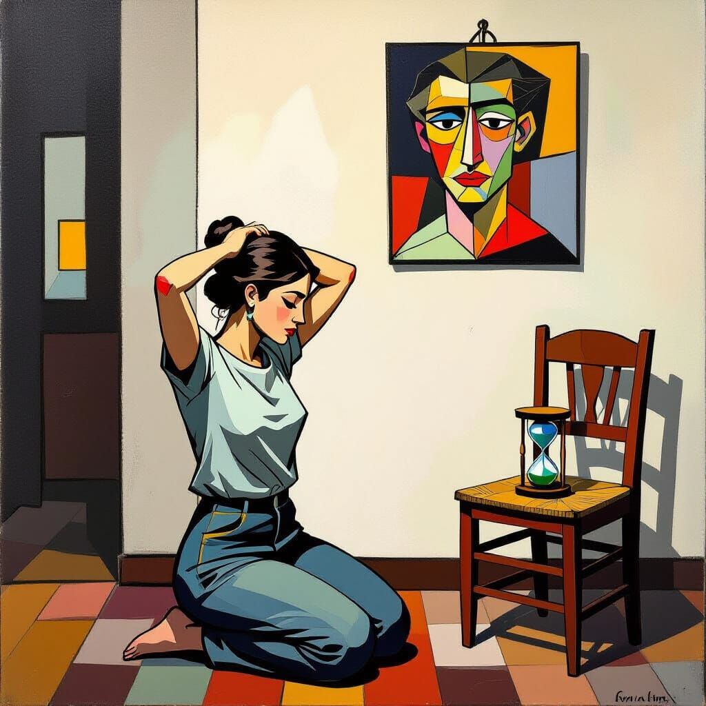 Contemplative Woman in Cubist-Inspired Interior