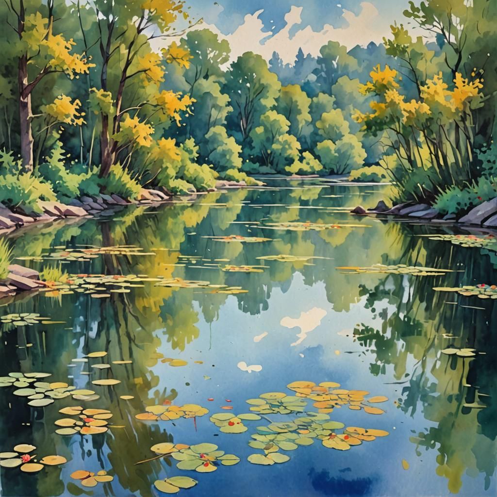 Still Waters in Gouache Style Impressionist Painting