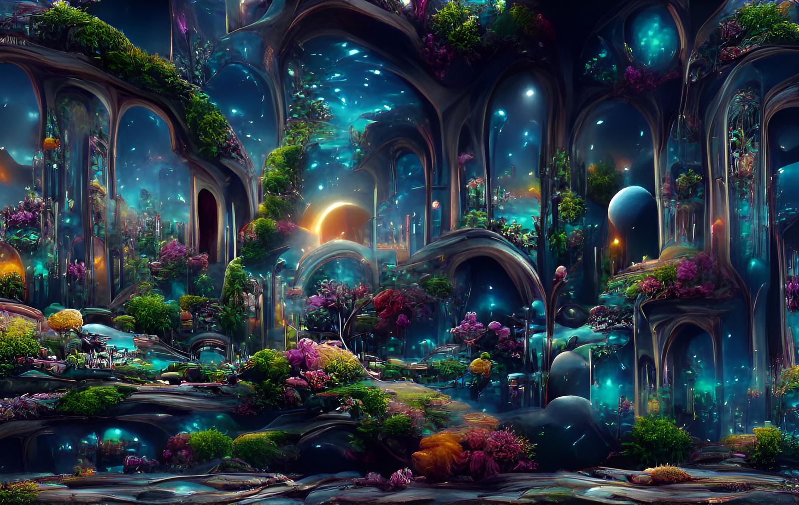 Iridescent Sci-Fi Zen Garden Under Cosmic Sky