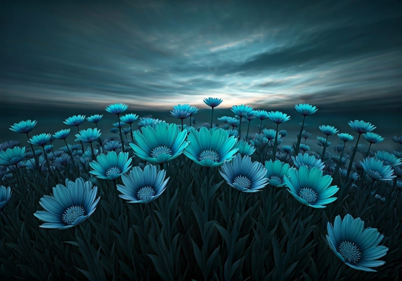 Fantasy Flower Field under Twilight Sky