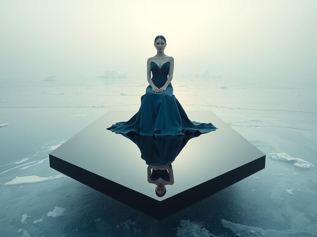 Frozen Queen in Surreal Landscape Reflected in Mirror