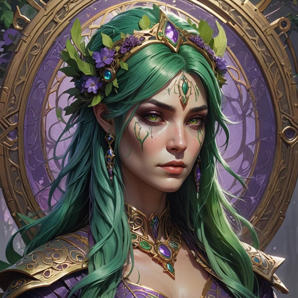 Green-Haired Druid Priestess Portrait in Art Nouveau Style