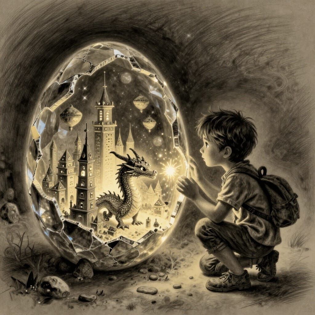 Dragon Egg Diorama With Glowing City and Adventurer