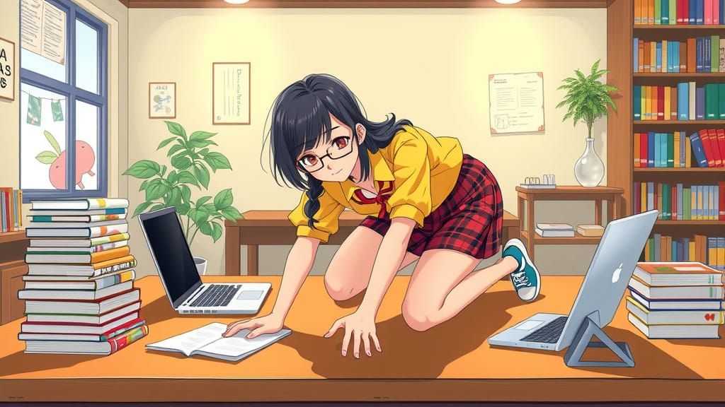 Anime University Student in Whimsical Crawling Pose