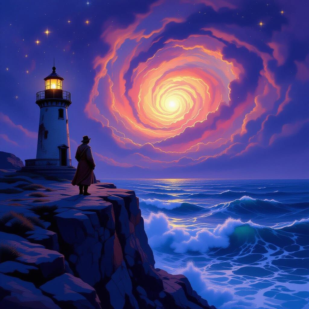 Lighthouse Keeper Gazing at Nebula in Dreamy Landscape