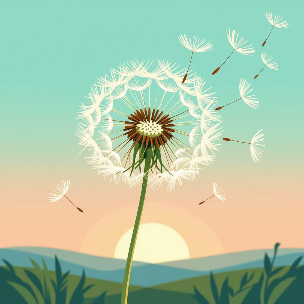 Dandelion Seeds Float on Gradient Sky