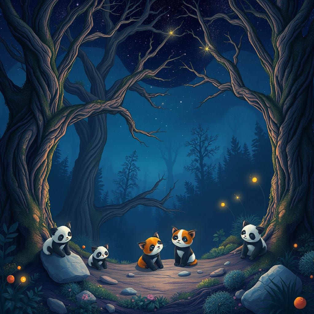 Whimsical Woodland Scene with Kittens and Pandas under Starr...