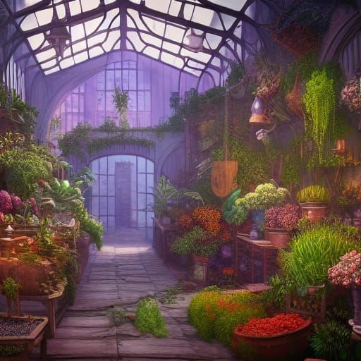 Victorian Plant Shop: Detailed Fantasy Concept Art