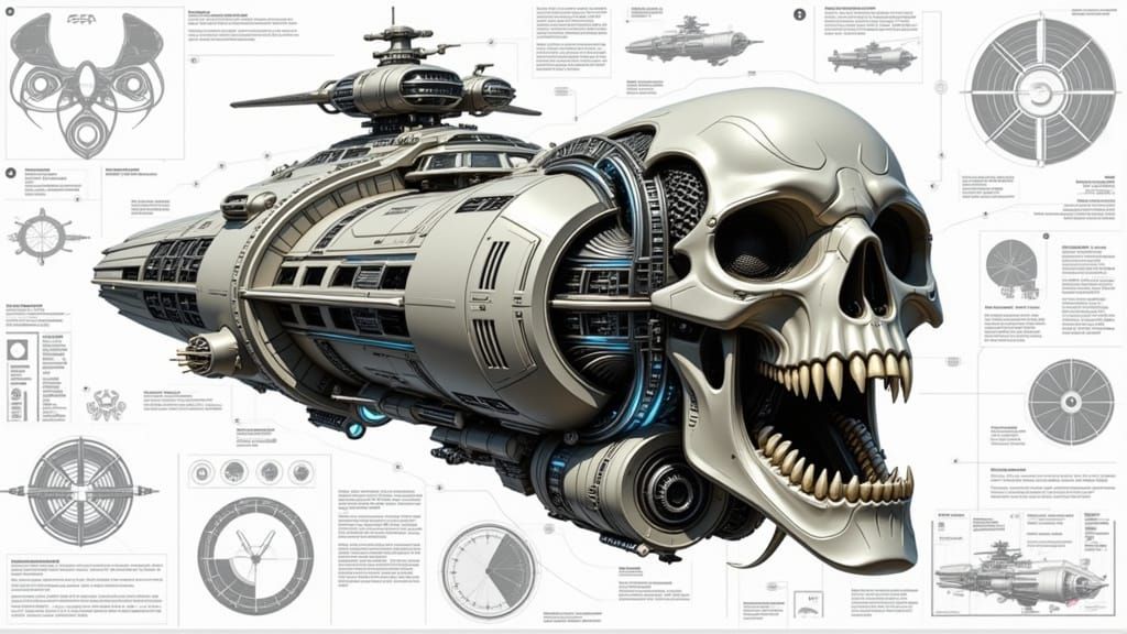 3D Alien Battle Cruiser Blueprint with Holographic Data