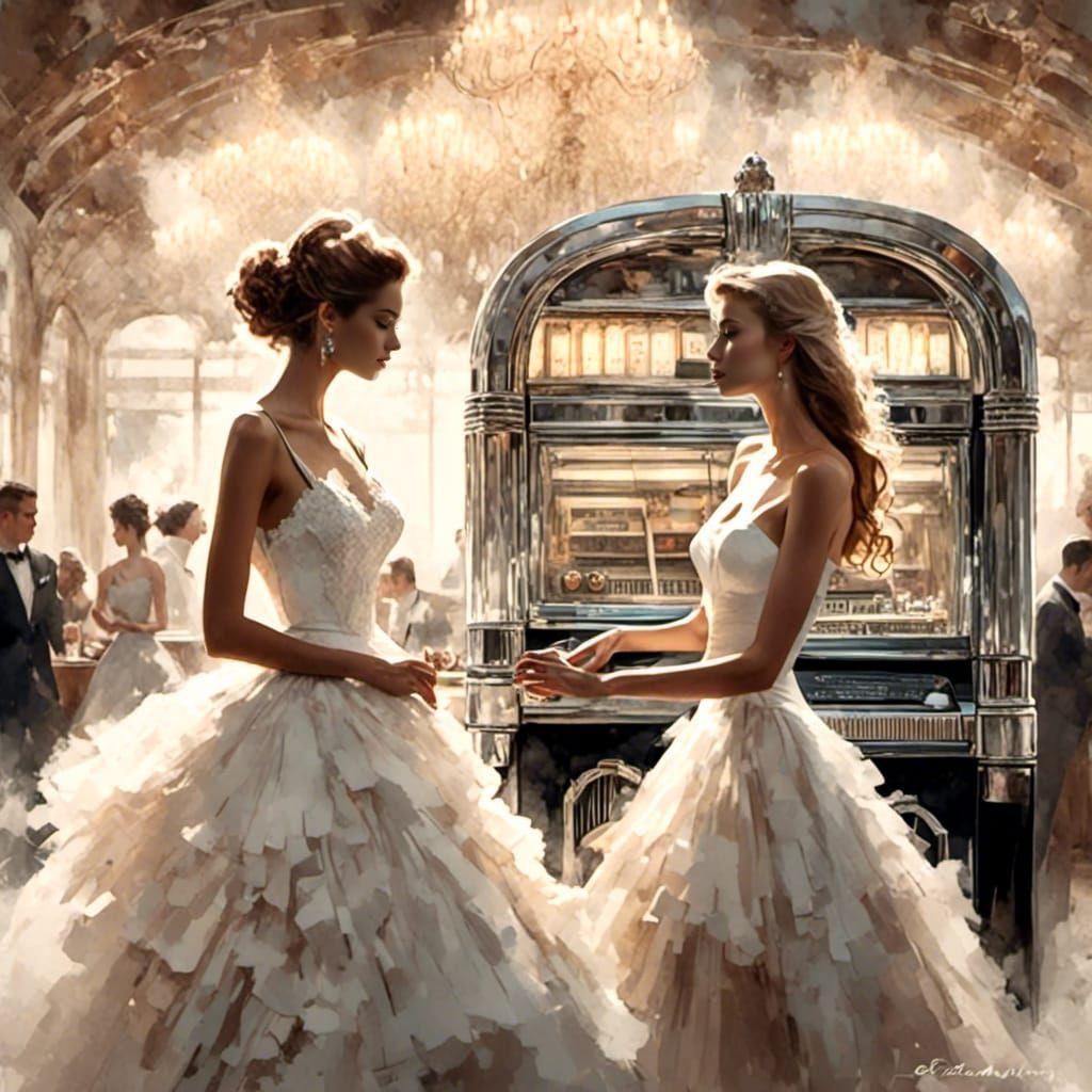 Women by Jukebox in Epic White Watercolor