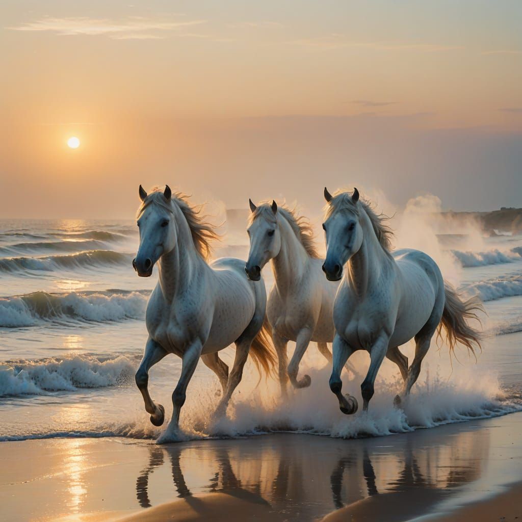 Majestic White Horses Galloping on a Beach in Soft Impressio...