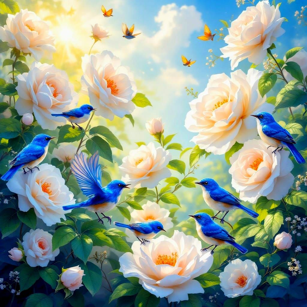 White Roses and Camellias Bloom in Summer Sunshine