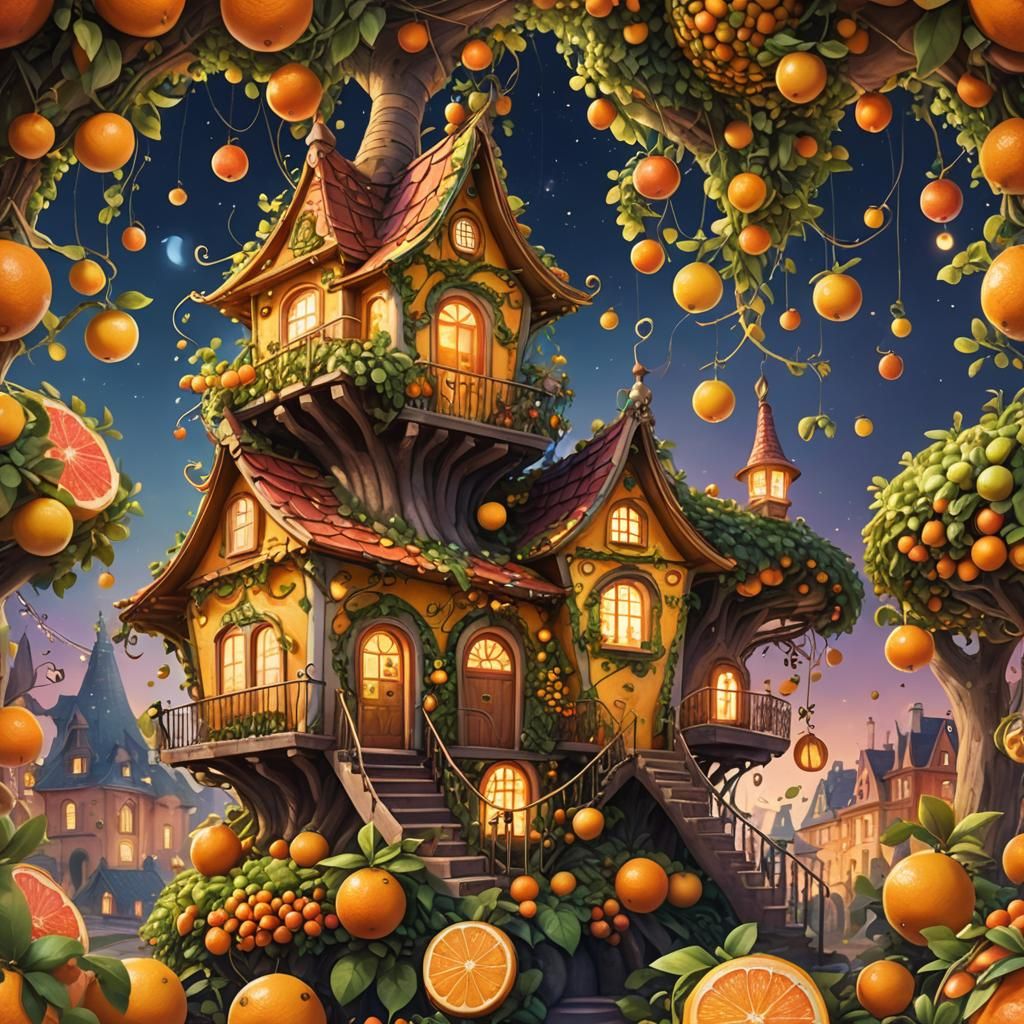 Fruit Fantasy House Whimsy in Watercolor Style