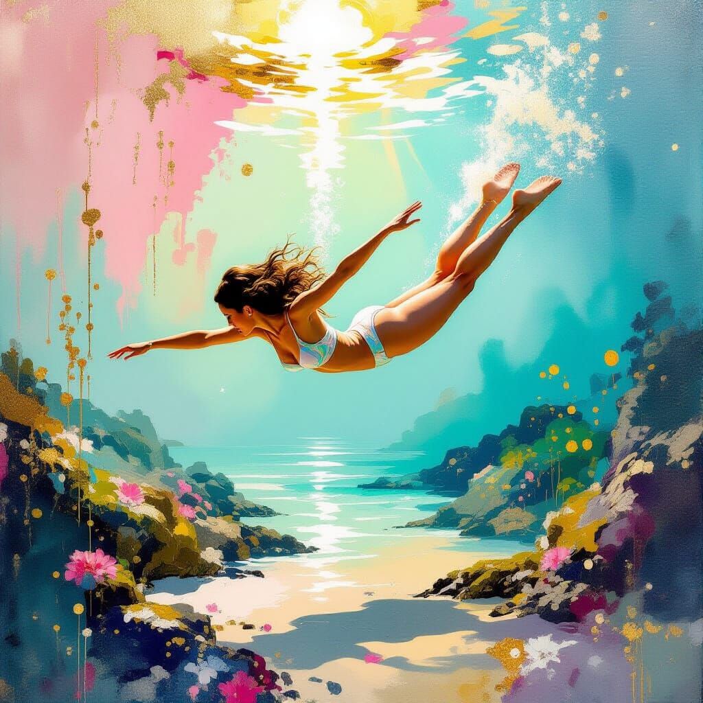 Woman Diving in Metamodern Style with Impressionist Grace
