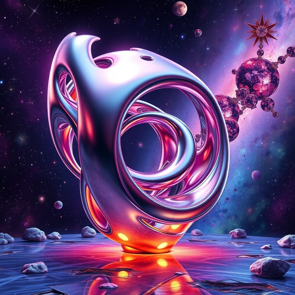 Cosmic Surrealist Sculpture in Metallic Abstraction