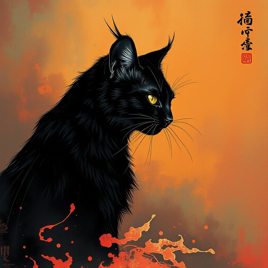 Mysterious Profile Cat in Bold Sumi-e Brushstrokes