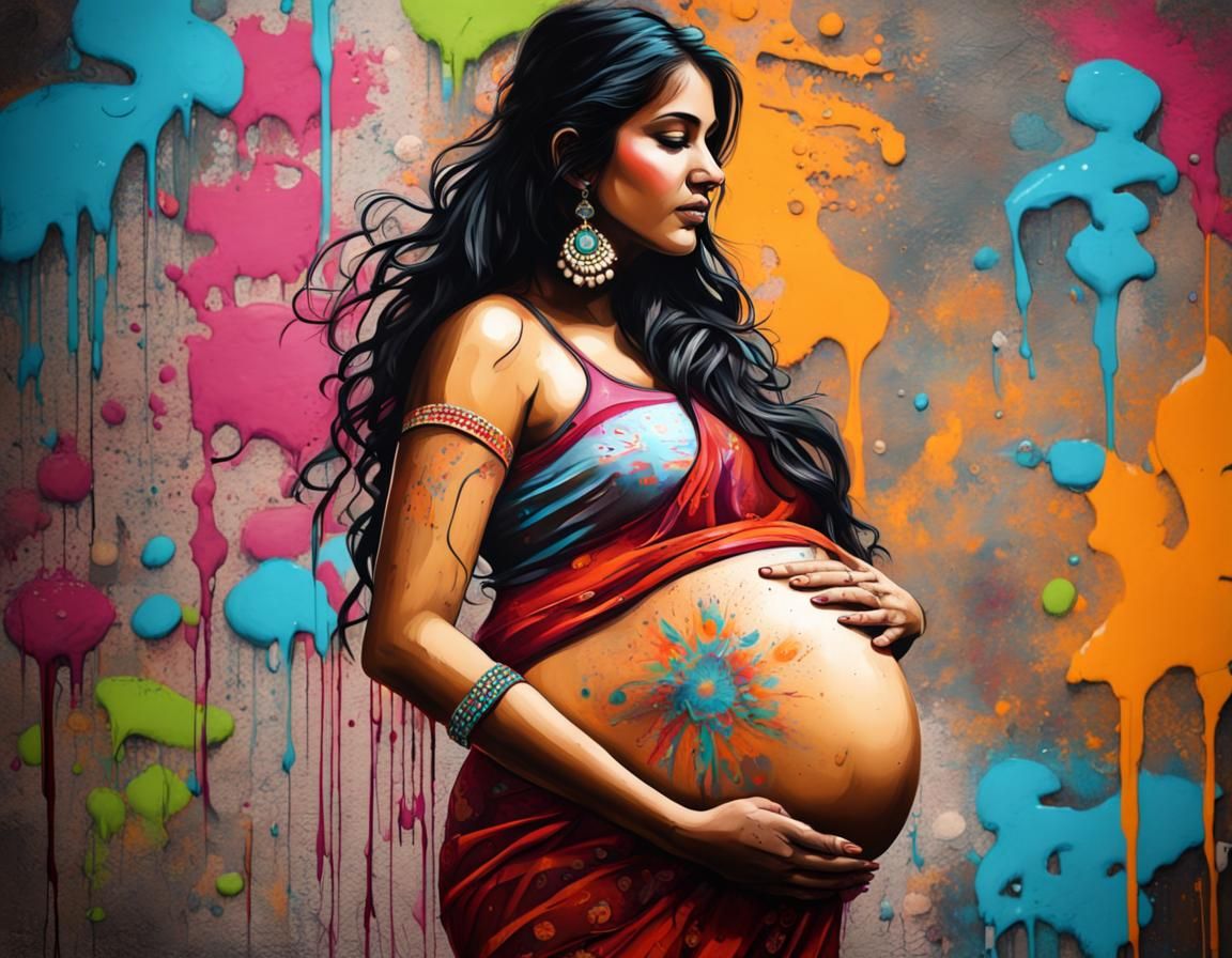 Hindu Pregnant Woman: Graffiti Art Style
